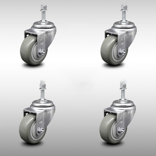 3.5 Inch SS Gray Polyurethane Wheel Swivel 10mm Threaded Stem Caster Set SCC